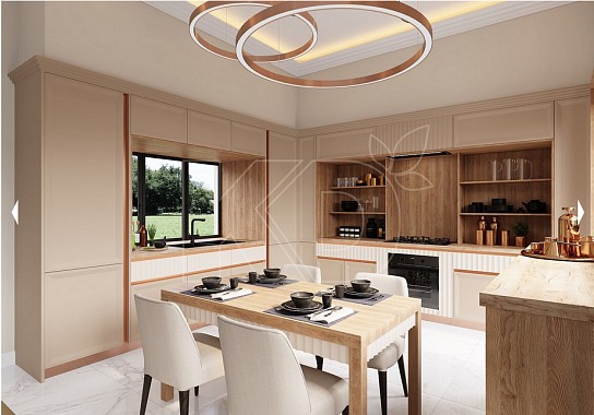 дизайн белой с бежевым кухни